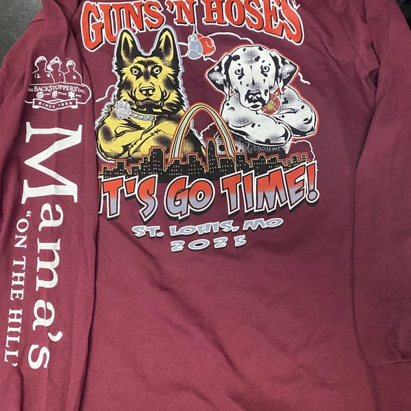 Maroon long-sleeve shirt with "Guns 'N Hoses" graphic featuring a German Shepherd and Dalmatian.