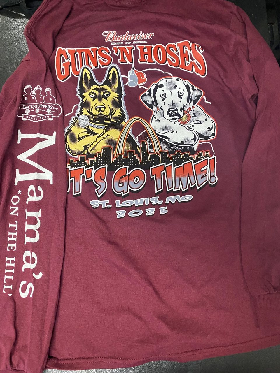 Maroon long-sleeve shirt with "Guns 'N Hoses" graphic featuring a German Shepherd and Dalmatian.