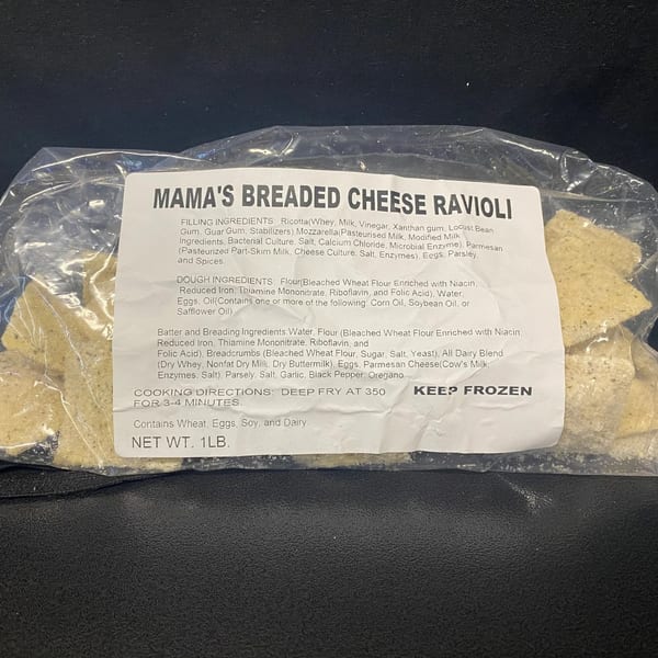 A clear plastic bag of Mama's Breaded Cheese Ravioli with ingredients and cooking directions.