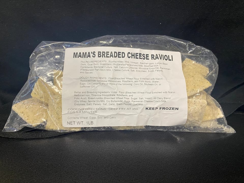 A clear plastic bag of Mama's Breaded Cheese Ravioli with ingredients and cooking directions.