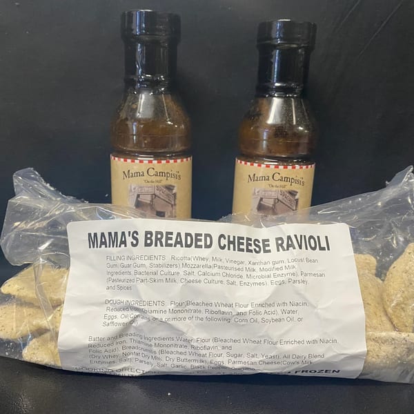 Two Mama Campisi's spaghetti sauce bottles and a bag of Mama's Breaded Cheese Ravioli.