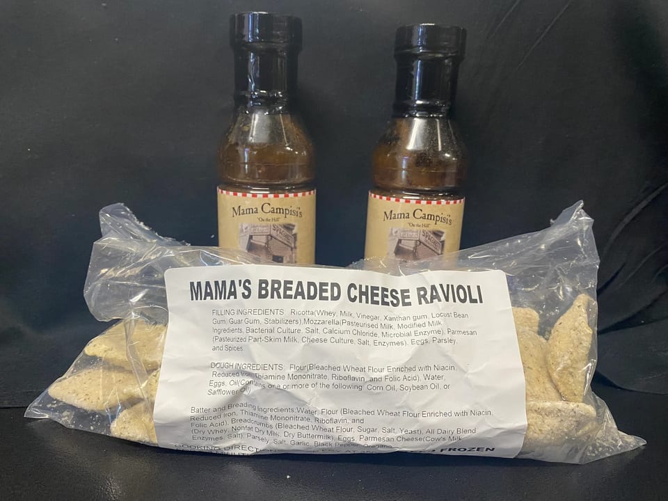 Two Mama Campisi's spaghetti sauce bottles and a bag of Mama's Breaded Cheese Ravioli.